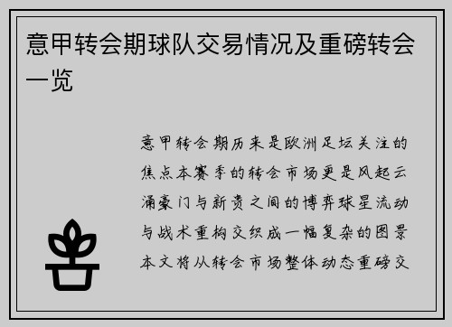 意甲转会期球队交易情况及重磅转会一览