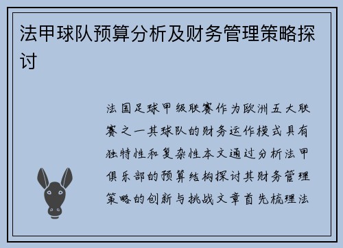 法甲球队预算分析及财务管理策略探讨